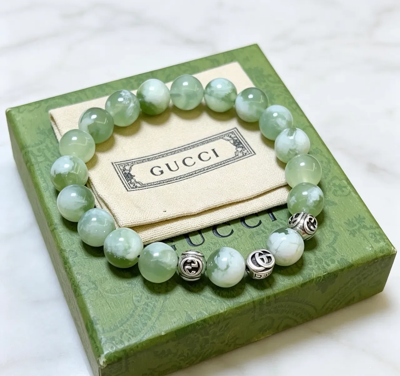Gucci Green Silver Beaded Jade-Like Stones Bracelet 2