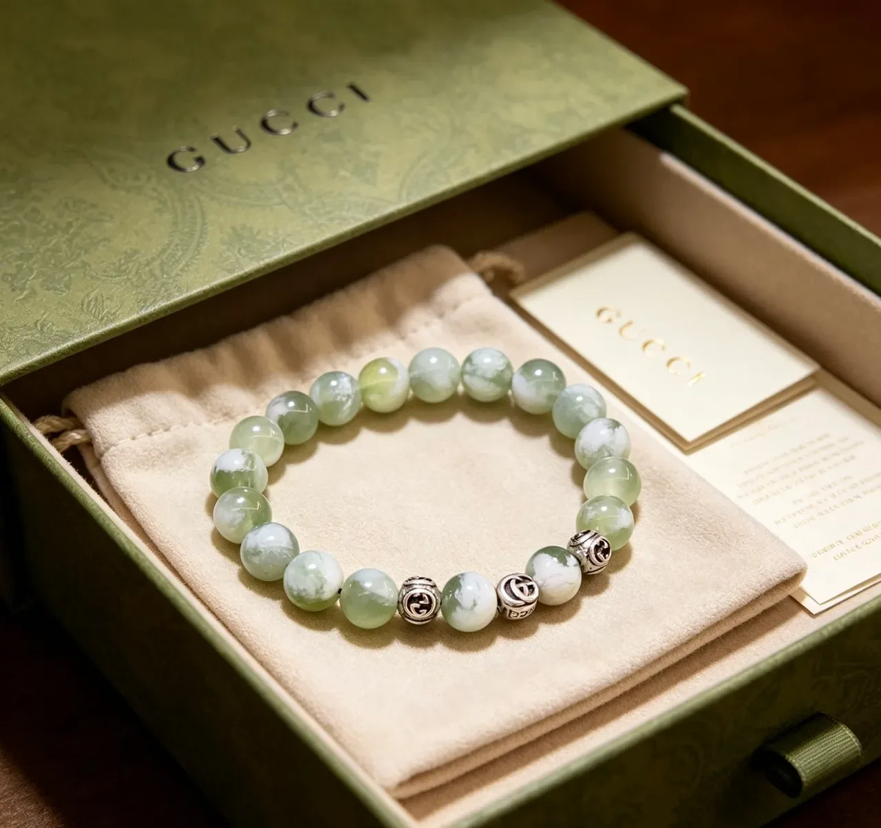 Gucci Green Silver Beaded Jade-Like Stones Bracelet 3