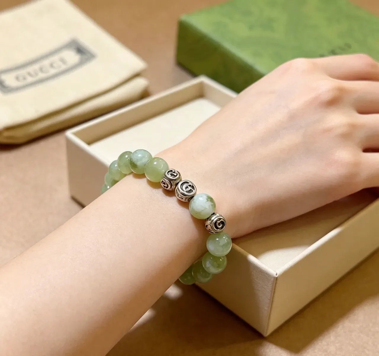 Gucci Green Silver Beaded Jade-Like Stones Bracelet 4