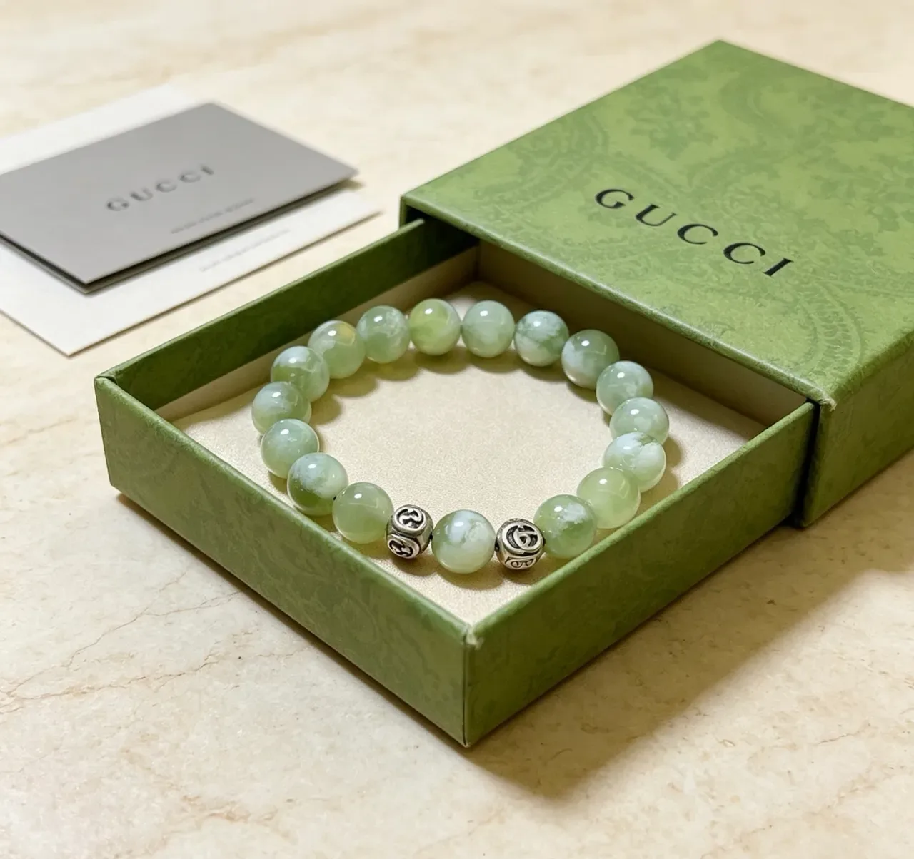 Gucci Green Silver Beaded Jade-Like Stones Bracelet 5