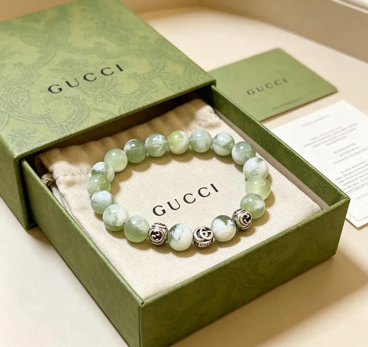 Gucci Green Silver Beaded Jade-Like Stones Bracelet 6