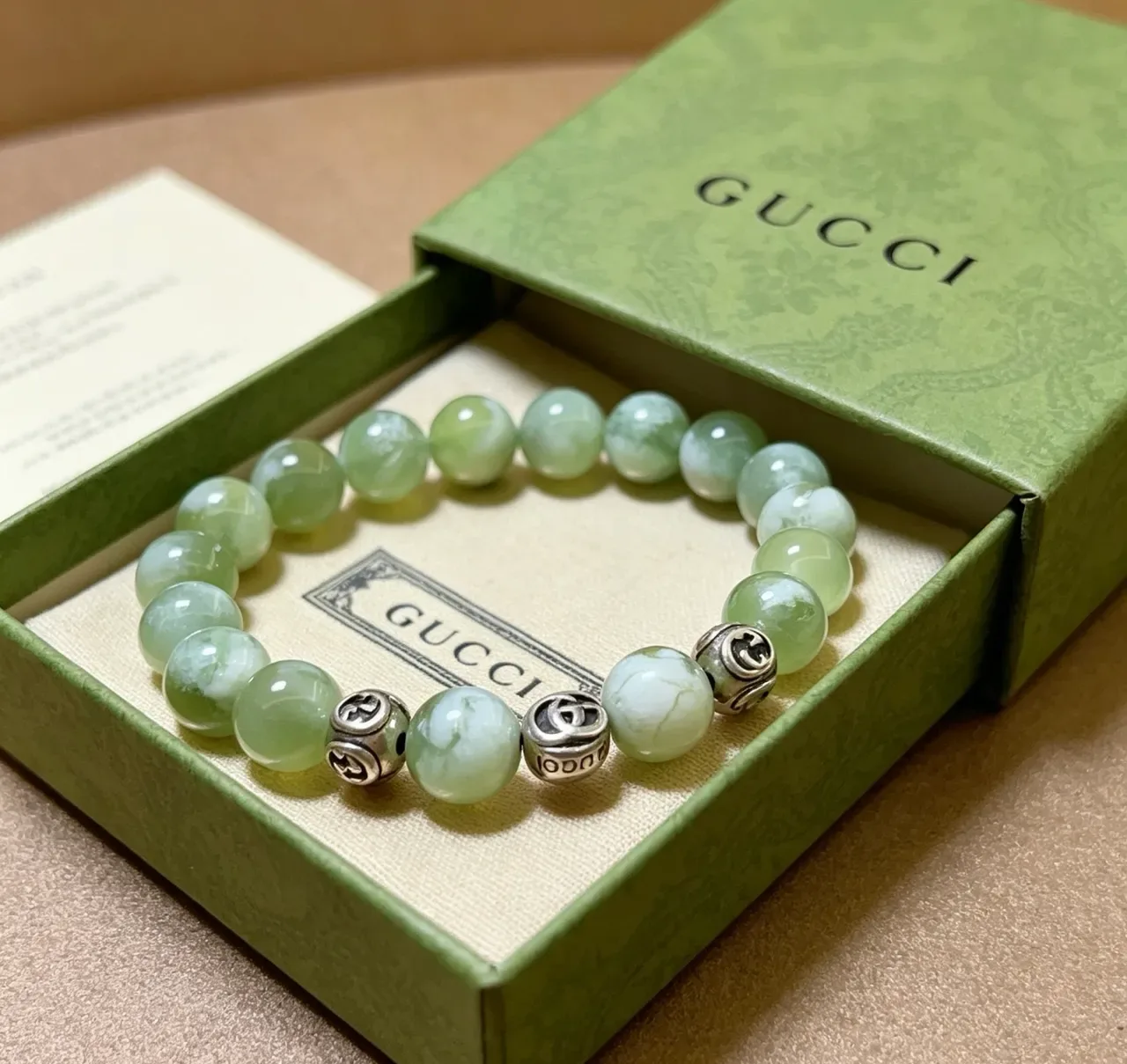 Gucci Green Silver Beaded Jade-Like Stones Bracelet 7