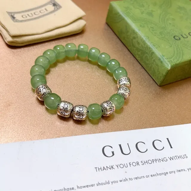Gucci Green Silver Beaded Stretch Bracelet 9