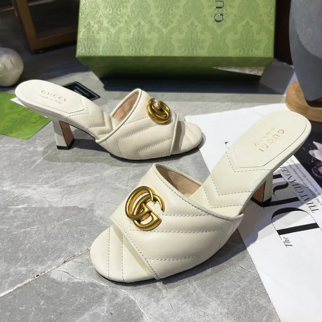 Gucci Horsebit 1955 Beige Gold Quilted Leather Interlocking GG Buckle Block Heel 6