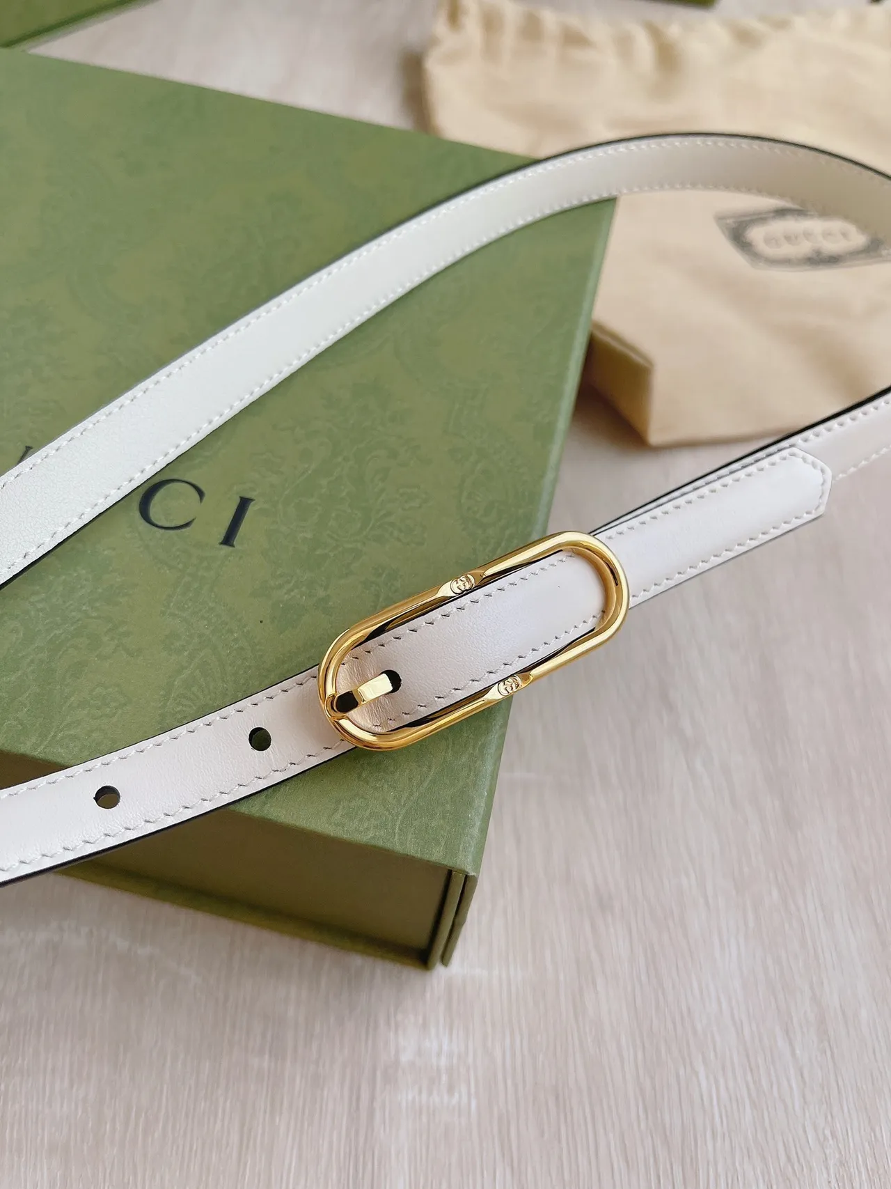 Gucci Horsebit 1955 Beige Gold Slim-Profile Ivory Leather Belt 6