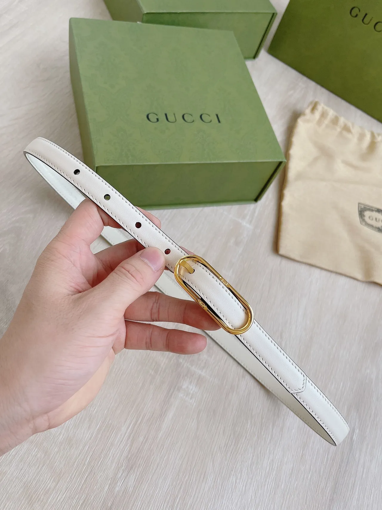 Gucci Horsebit 1955 Beige Gold Slim-Profile Ivory Leather Belt 7