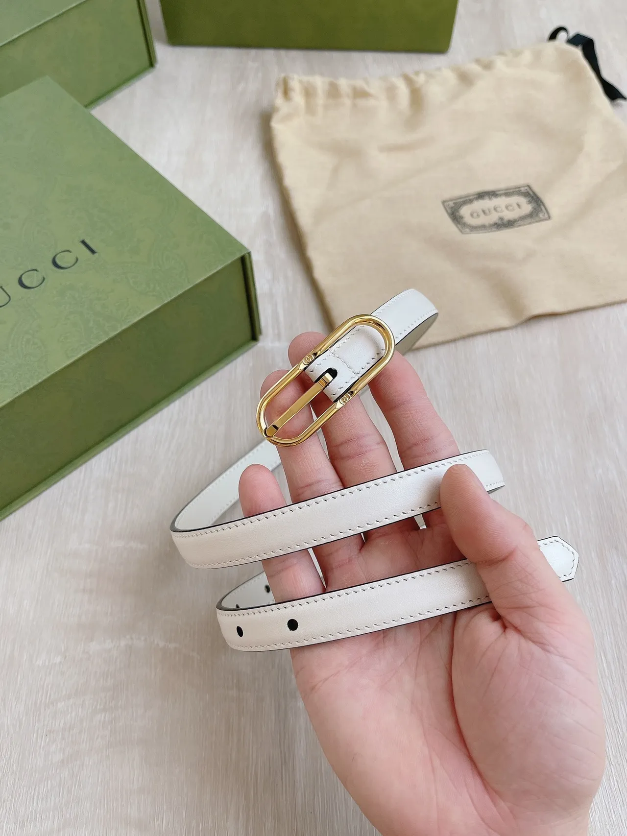 Gucci Horsebit 1955 Beige Gold Slim-Profile Ivory Leather Belt 8