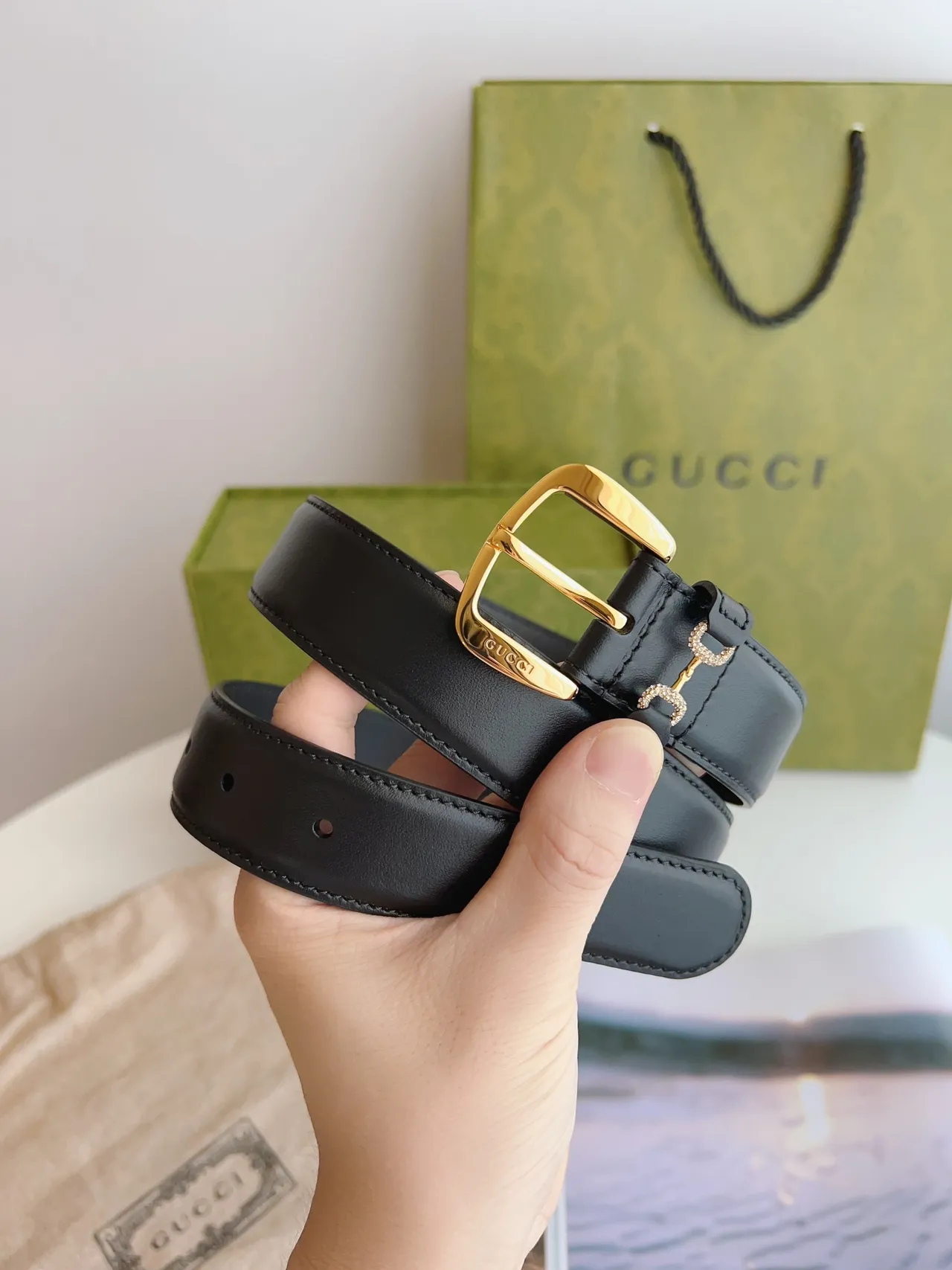 Gucci Horsebit 1955 Black Gold Smooth Rectangular Buckle Leather Belt 2