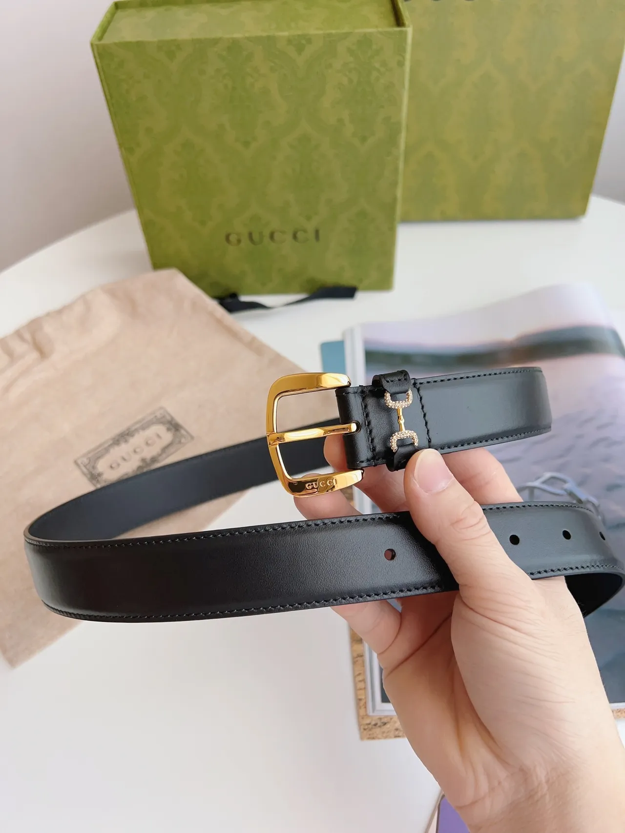 Gucci Horsebit 1955 Black Gold Smooth Rectangular Buckle Leather Belt 5