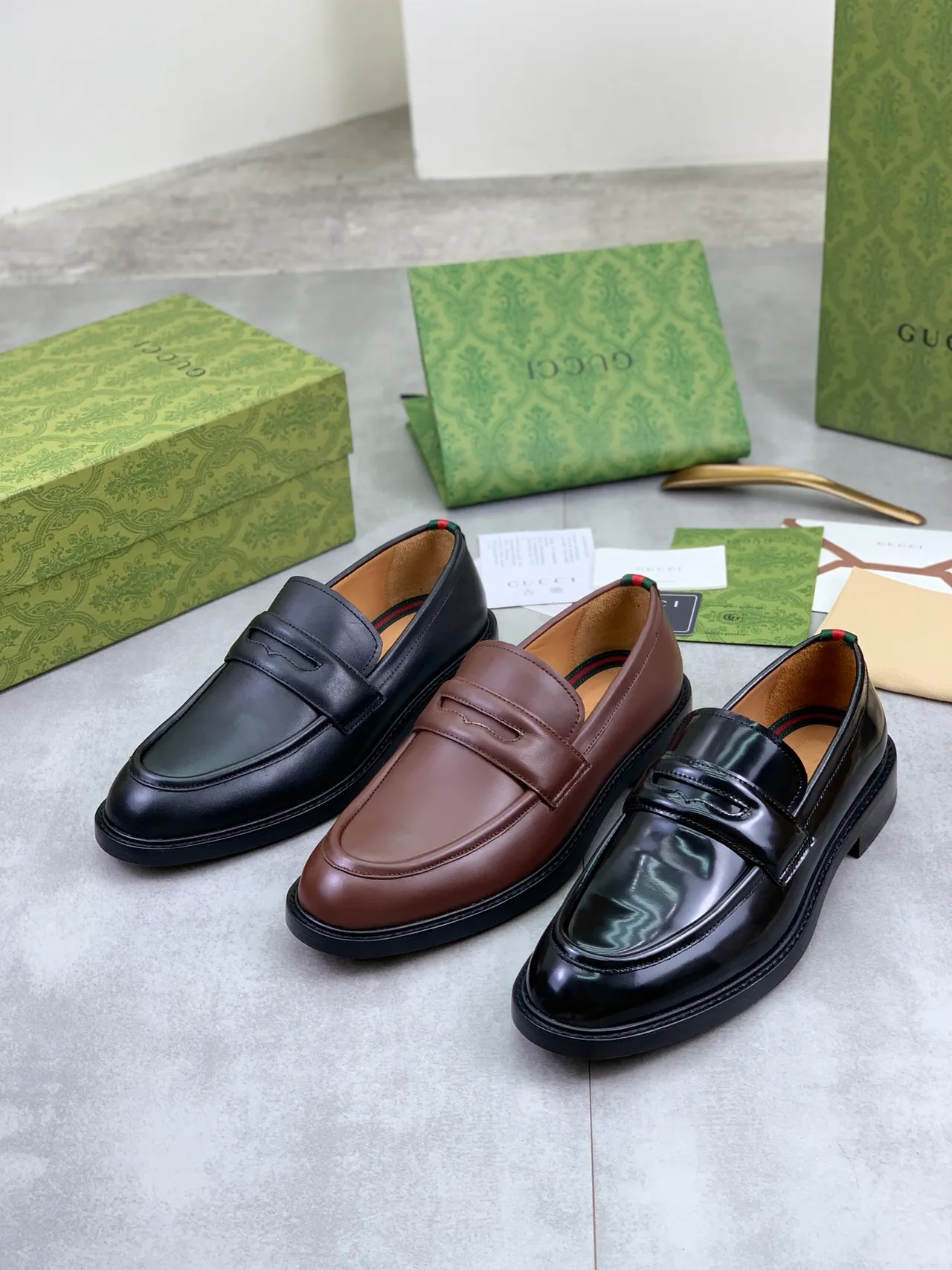 Gucci Horsebit 1955 Black Green Leather Penny Strap Loafer 2