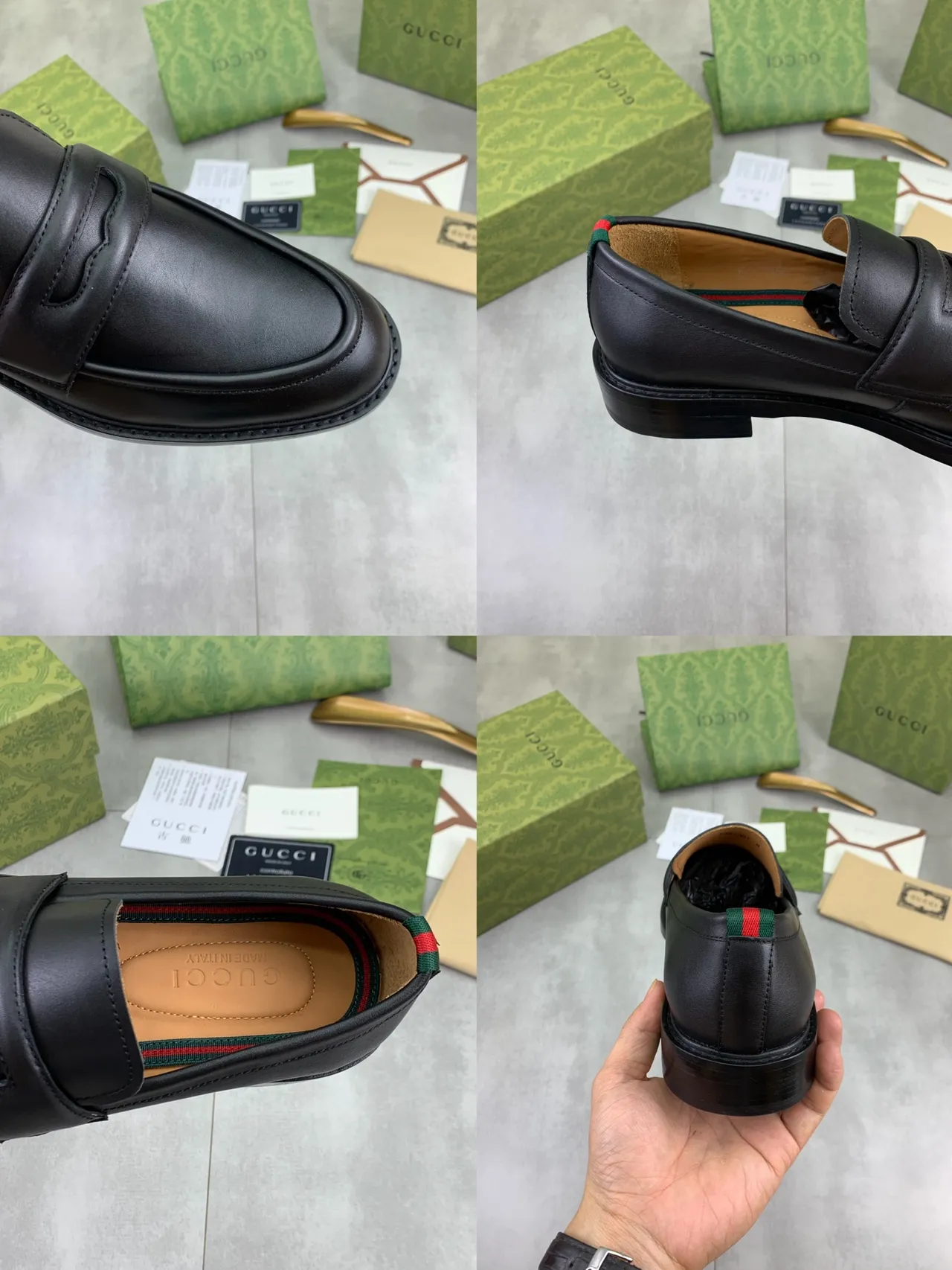 Gucci Horsebit 1955 Black Green Leather Penny Strap Loafer 3
