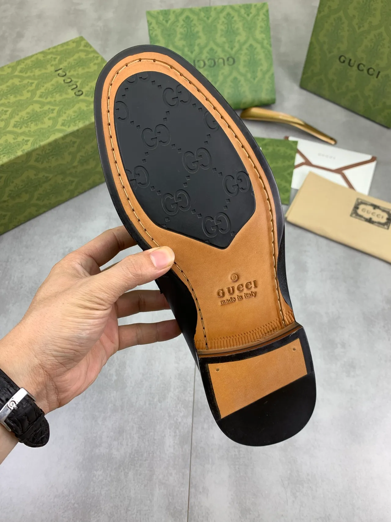Gucci Horsebit 1955 Black Green Leather Penny Strap Loafer 4