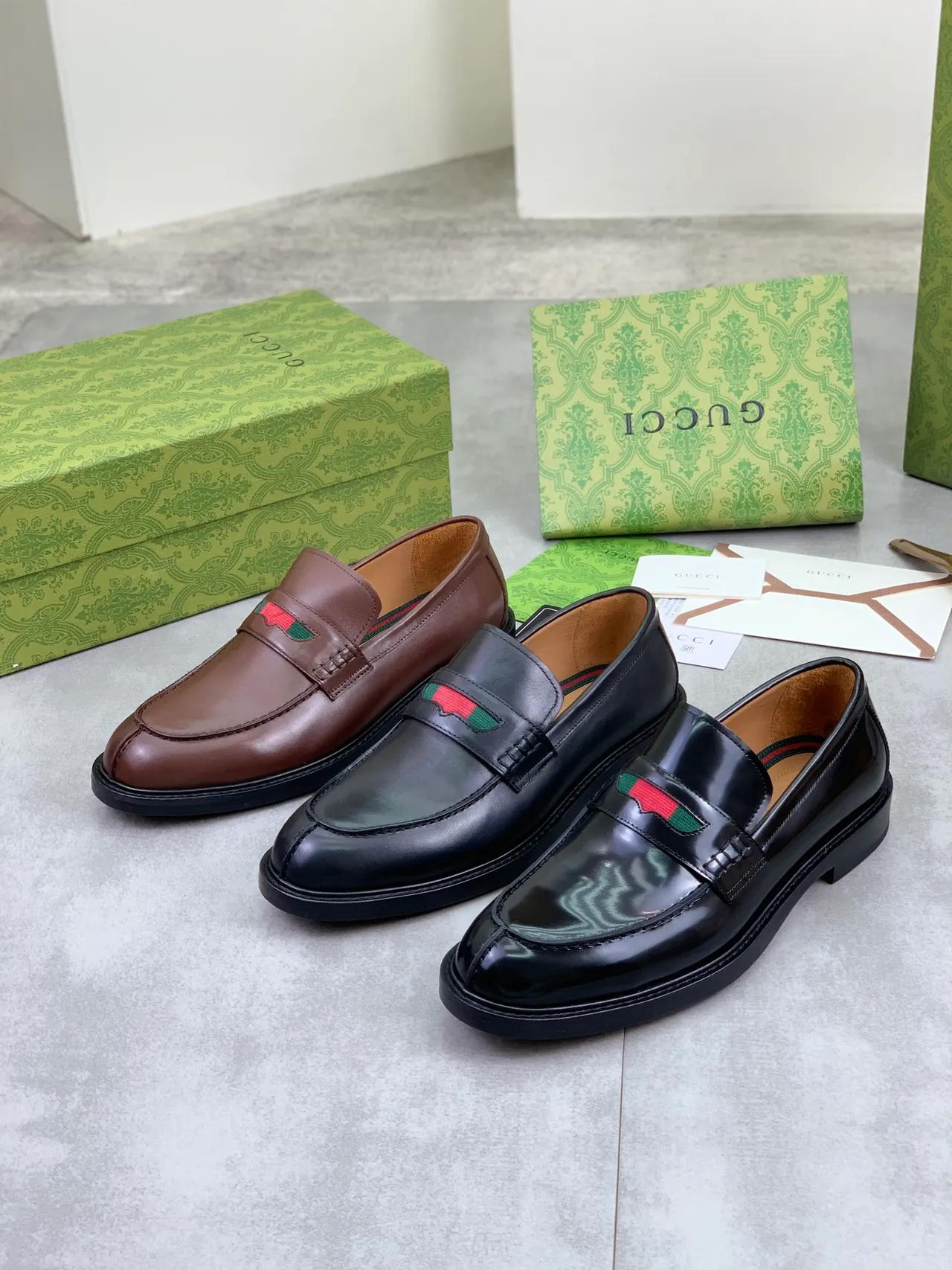 Gucci Horsebit 1955 Brown Black Polished Leather Web Stripe Strap Loafer 2