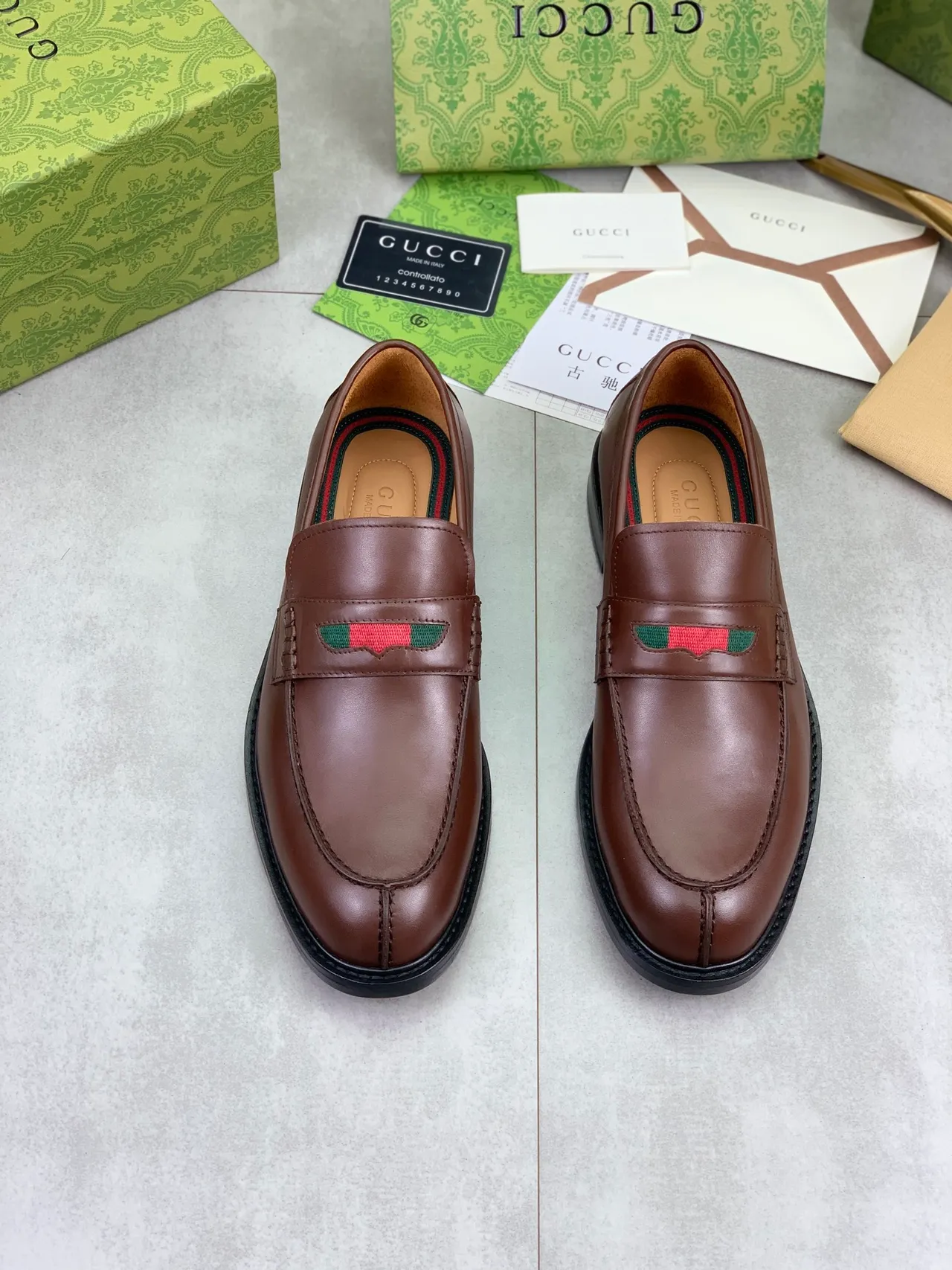 Gucci Horsebit 1955 Brown Black Polished Leather Web Stripe Strap Loafer 5
