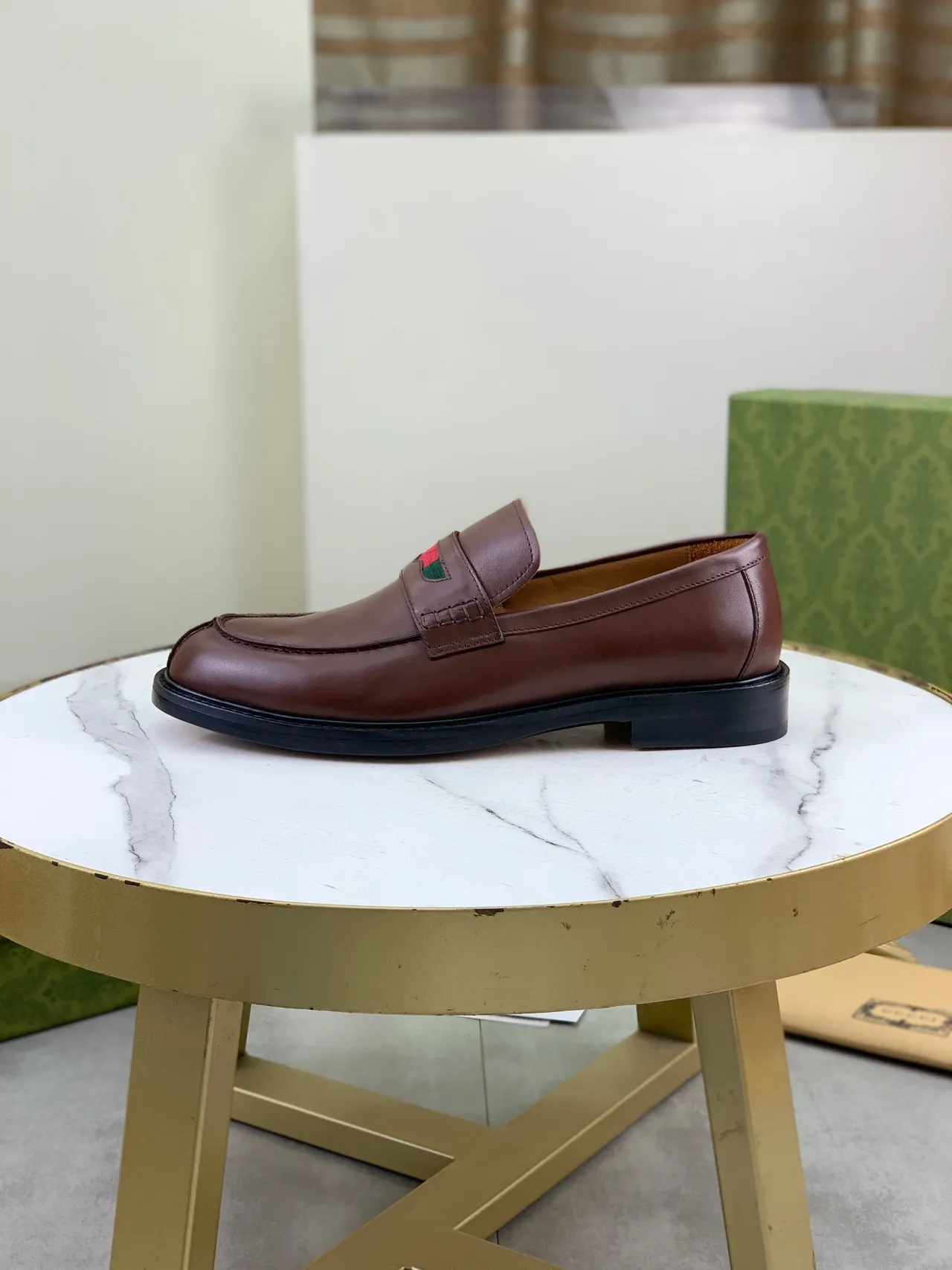 Gucci Horsebit 1955 Brown Black Polished Leather Web Stripe Strap Loafer 6