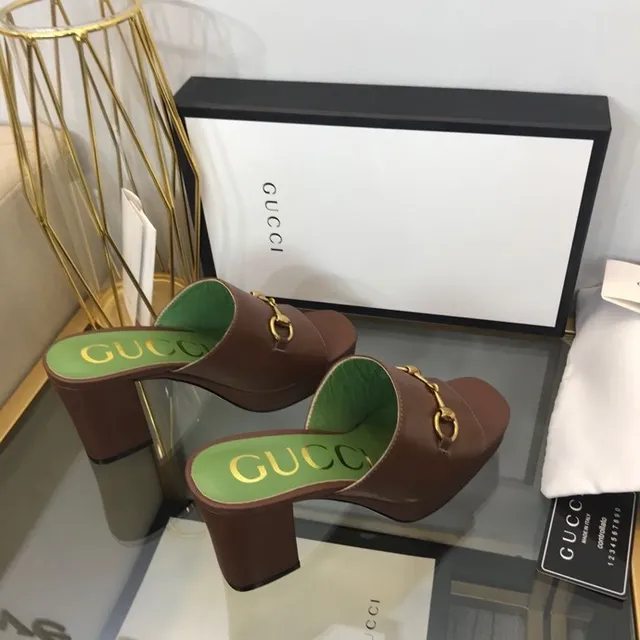 Gucci Horsebit 1955 Marron Vert Boucle Talon Bloc Sandales Casual 4