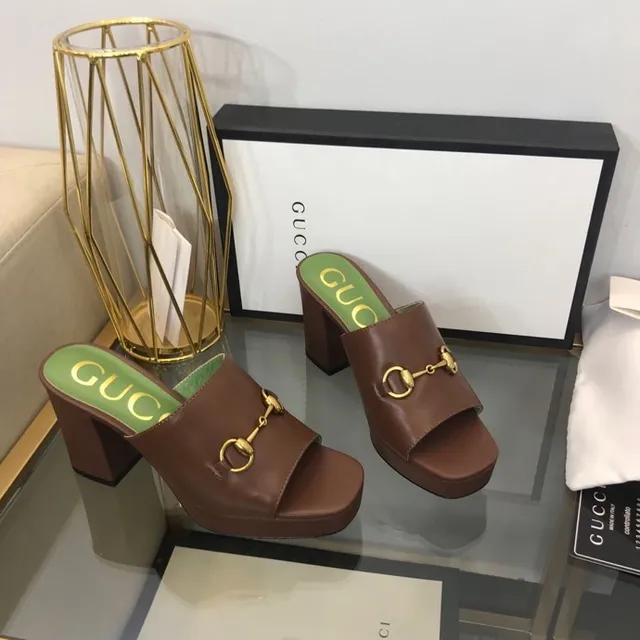 Gucci Horsebit 1955 Marron Vert Boucle Talon Bloc Sandales Casual 7