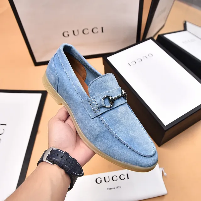 Gucci Horsebit 1955 Light Blue Suede Loafers 6