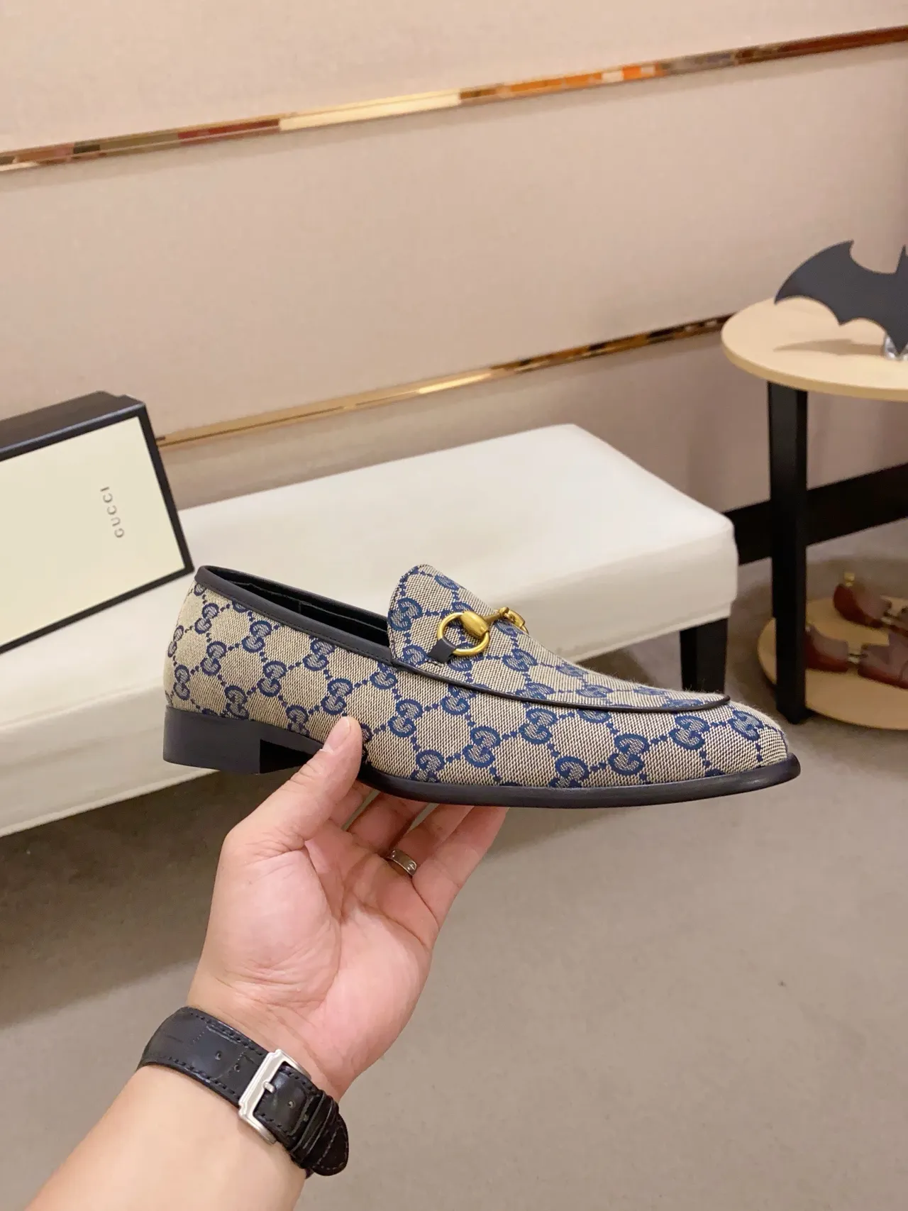 Gucci Horsebit 1955 Loafer Beige Navy GG Supreme Canvas Loafer 4