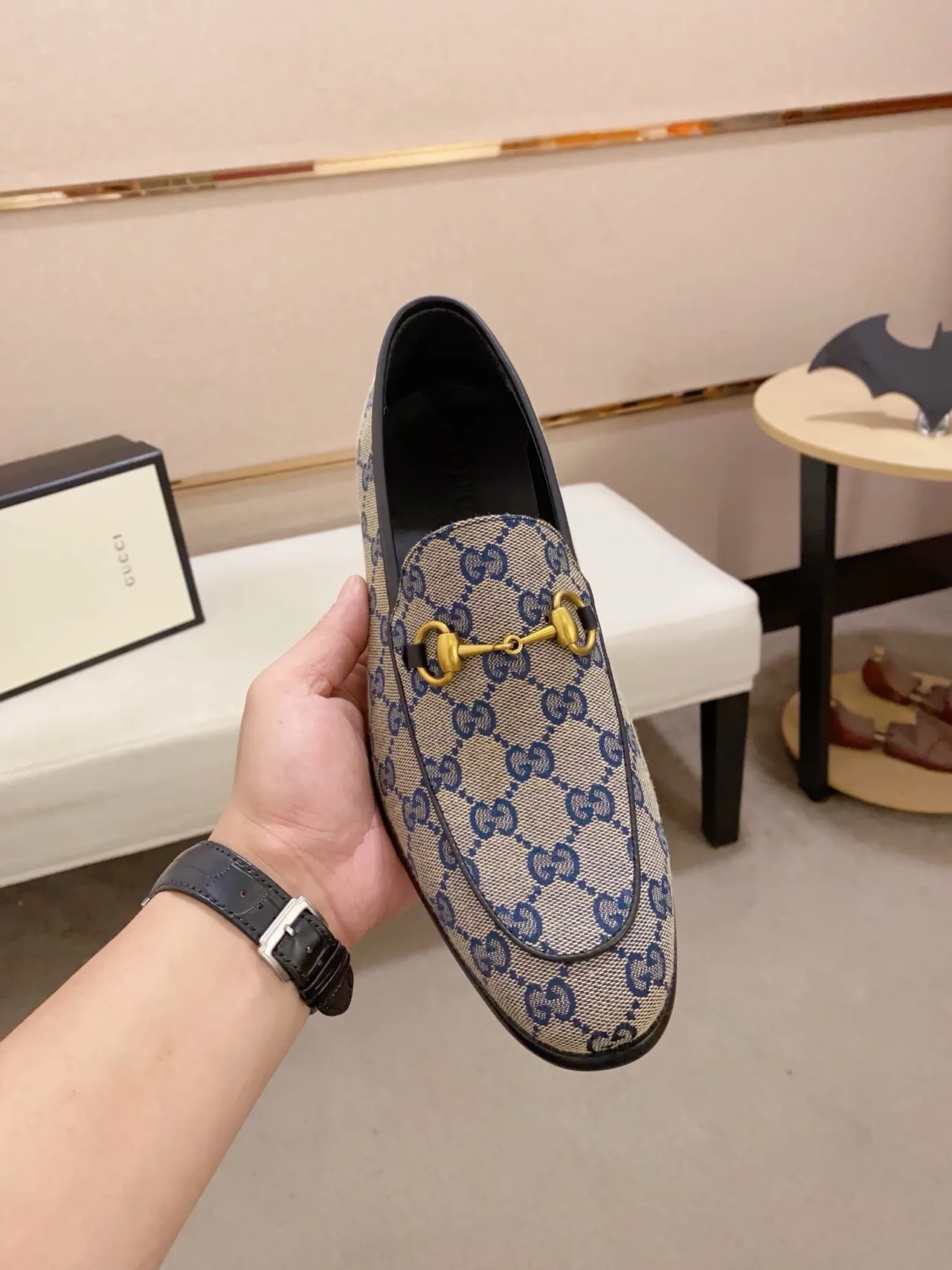 Gucci Horsebit 1955 Loafer Beige Navy GG Supreme Canvas Loafer 5