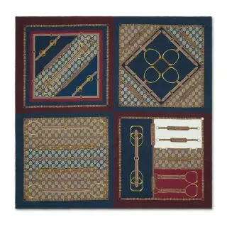 Gucci Horsebit 1955 Navy Burgundy Square GG Monogram Background Silk Scarf