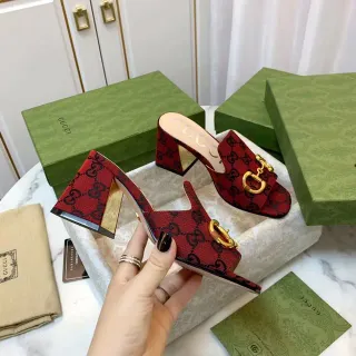Gucci Horsebit 1955 Red Gold GG Monogram Canvas Buckle Block Heel