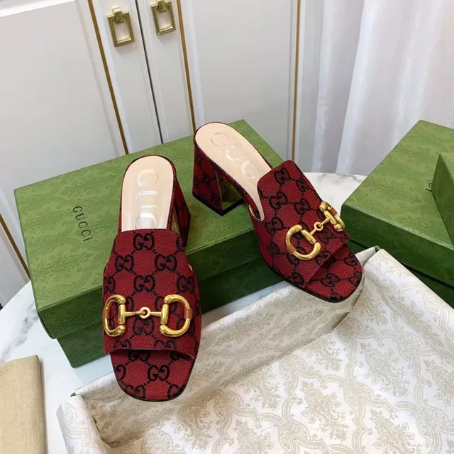 Gucci Horsebit 1955 Red Gold GG Monogram Canvas Buckle Block Heel 2