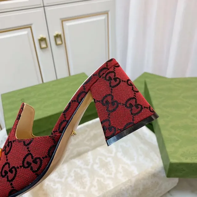 Gucci Horsebit 1955 Red Gold GG Monogram Canvas Buckle Block Heel 4