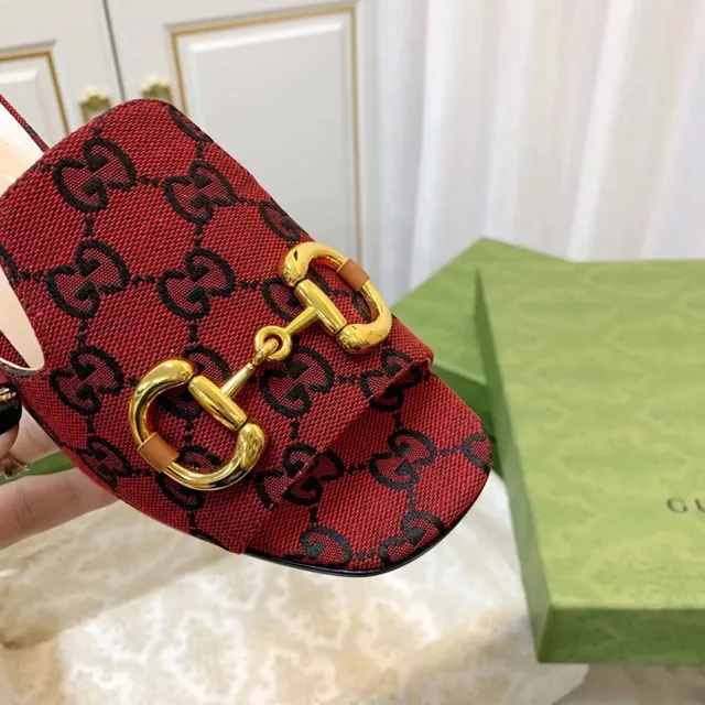 Gucci Horsebit 1955 Red Gold GG Monogram Canvas Buckle Block Heel 5