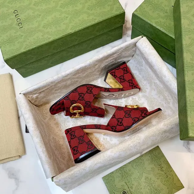 Gucci Horsebit 1955 Red Gold GG Monogram Canvas Buckle Block Heel 6