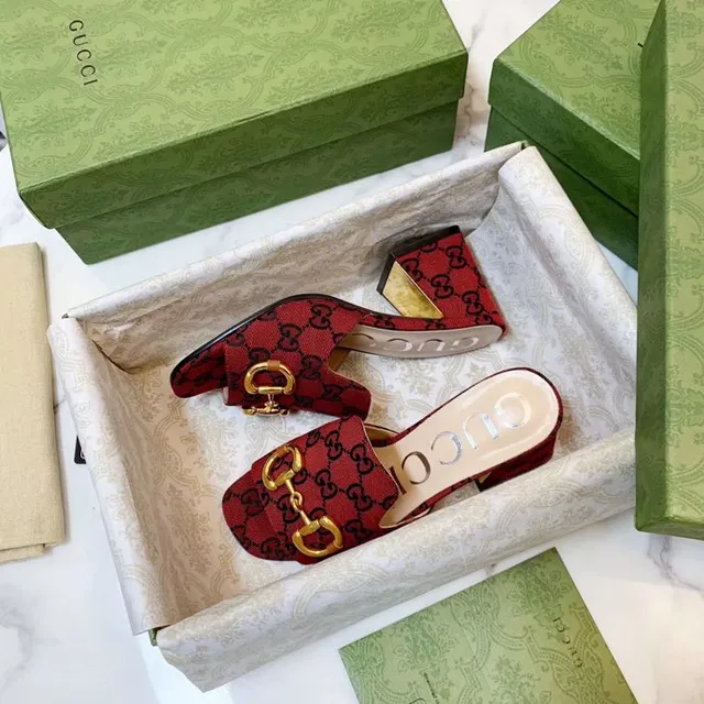 Gucci Horsebit 1955 Red Gold GG Monogram Canvas Buckle Block Heel 8
