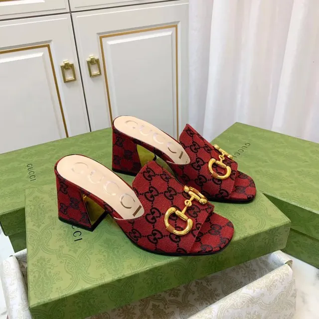 Gucci Horsebit 1955 Red Gold GG Monogram Canvas Buckle Block Heel 9