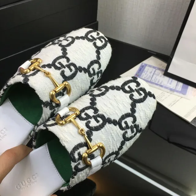 Gucci Horsebit 1955 White Black GG Jacquard Wool-Blend Upper Gold-Tone Buckle Casual Shoes 2