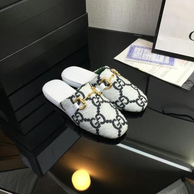Gucci Horsebit 1955 White Black GG Jacquard Wool-Blend Upper Gold-Tone Buckle Casual Shoes 9