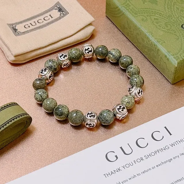 Gucci Interlocking G Beaded Bracelet Green Silver Stone And Metal Bracelet 3