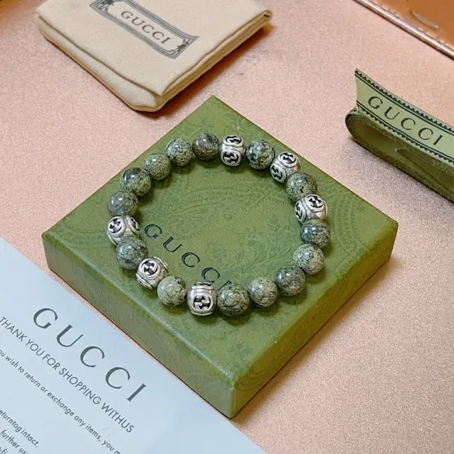 Gucci Interlocking G Beaded Bracelet Green Silver Stone And Metal Bracelet 4