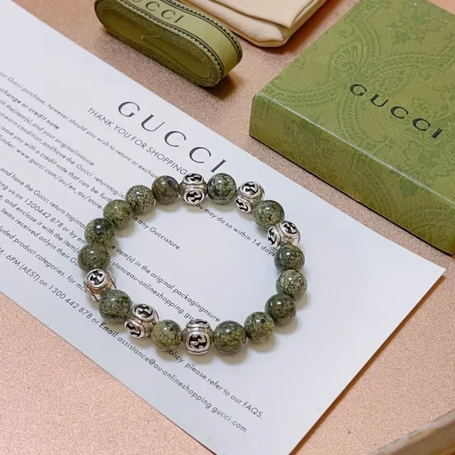 Gucci Interlocking G Beaded Bracelet Green Silver Stone And Metal Bracelet 6