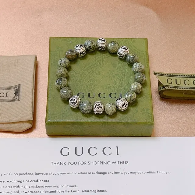 Gucci Interlocking G Beaded Bracelet Green Silver Stone And Metal Bracelet 7