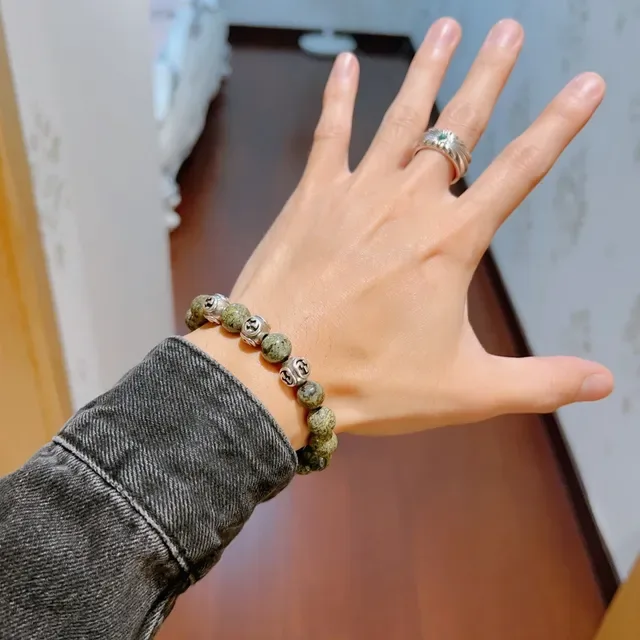 Gucci Interlocking G Beaded Bracelet Green Silver Stone And Metal Bracelet 8