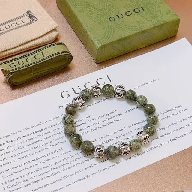 Gucci Interlocking G Beaded Bracelet Green Silver Stone And Metal Bracelet 9