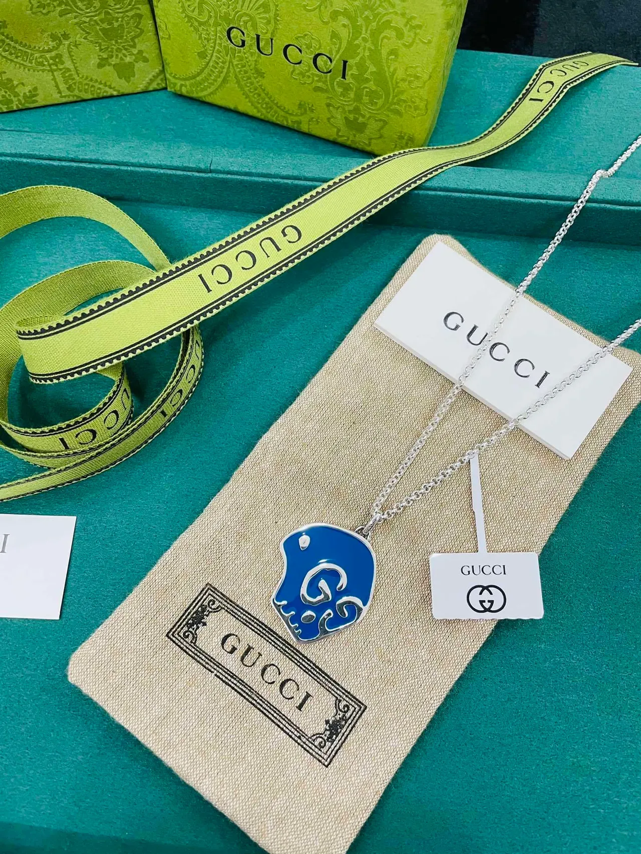 Gucci Interlocking G Blue Enamel Pendant Necklace 2