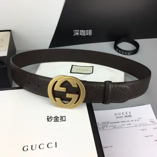 Gucci Interlocking G Brown Gold Embossed GG Monogram Buckle Leather Belt