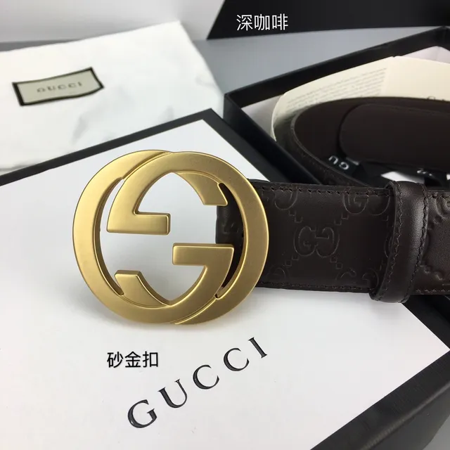 Cinto de couro Gucci Interlocking G marrom dourado com fivela GG monograma embossada 3