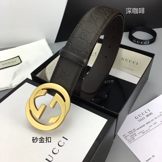 Cinto de couro Gucci Interlocking G marrom dourado com fivela GG monograma embossada 4