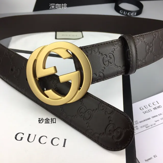 Cinto de couro Gucci Interlocking G marrom dourado com fivela GG monograma embossada 5