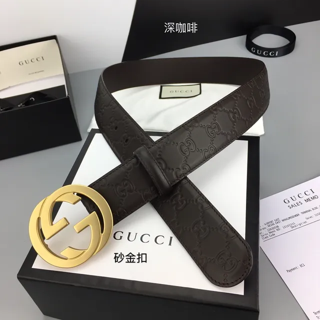 Cinto de couro Gucci Interlocking G marrom dourado com fivela GG monograma embossada 6