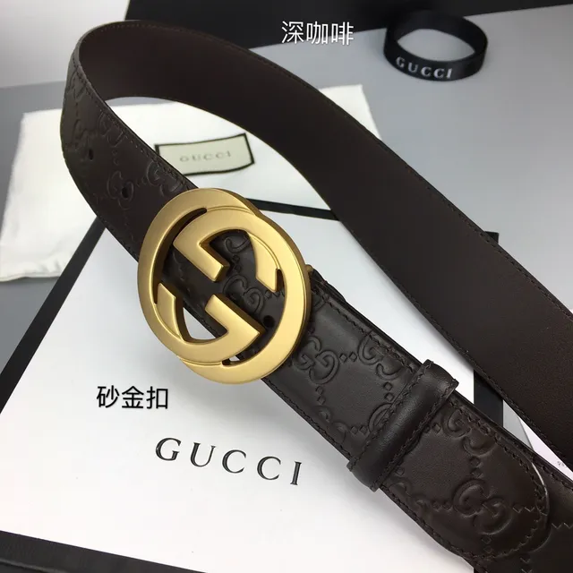 Cinto de couro Gucci Interlocking G marrom dourado com fivela GG monograma embossada 9