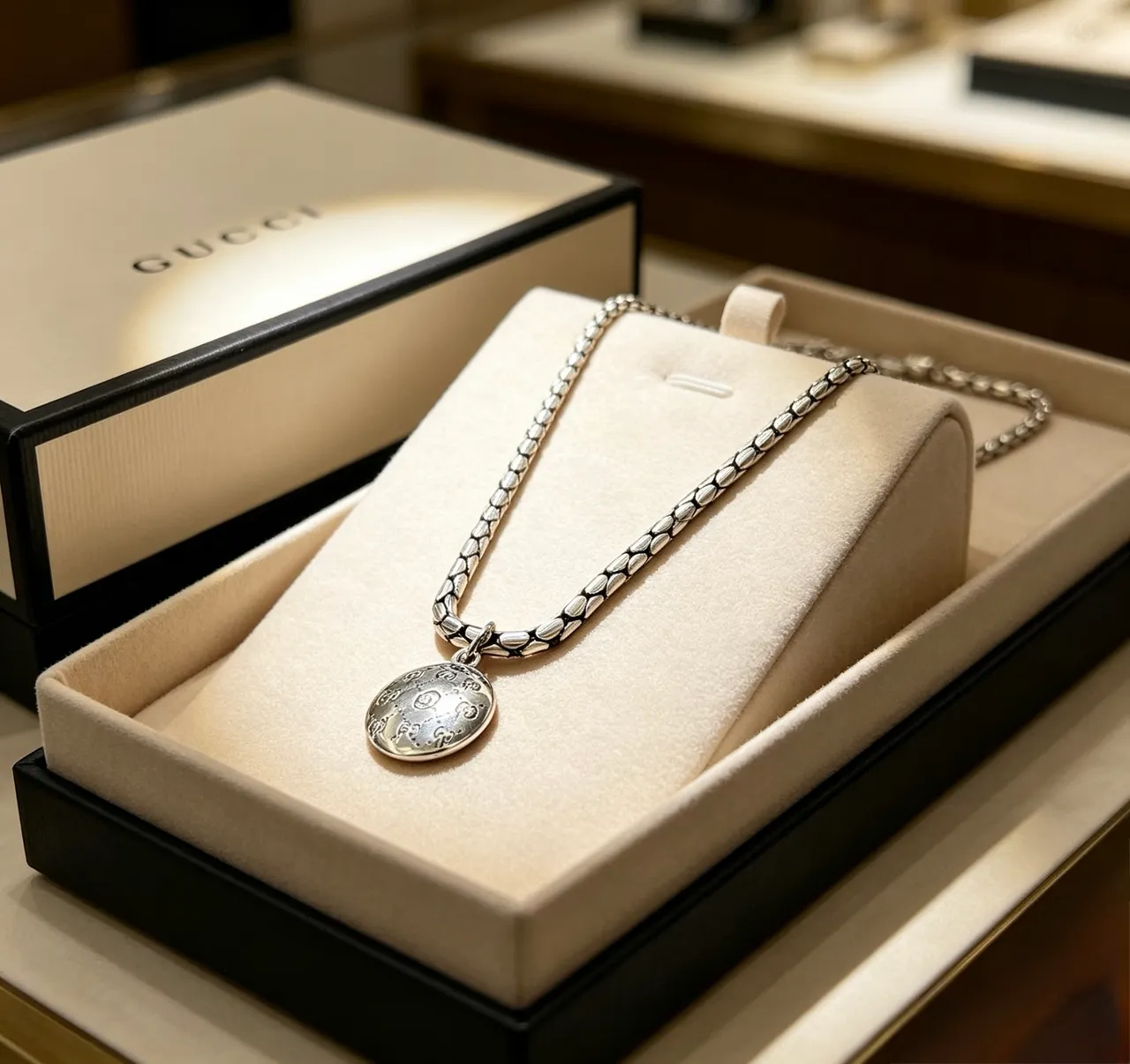 Gucci Interlocking G Oval Pendant Silver Chain Necklace 4