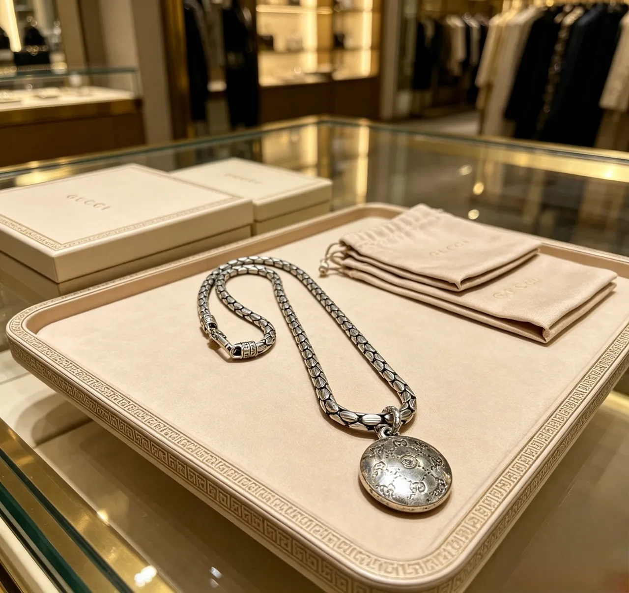Gucci Interlocking G Oval Pendant Silver Chain Necklace 6