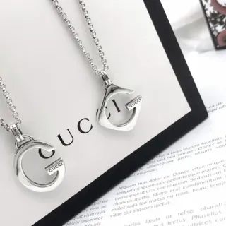 Gucci Interlocking G Silver Open Pendant Engraved Brand Plaque Necklace
